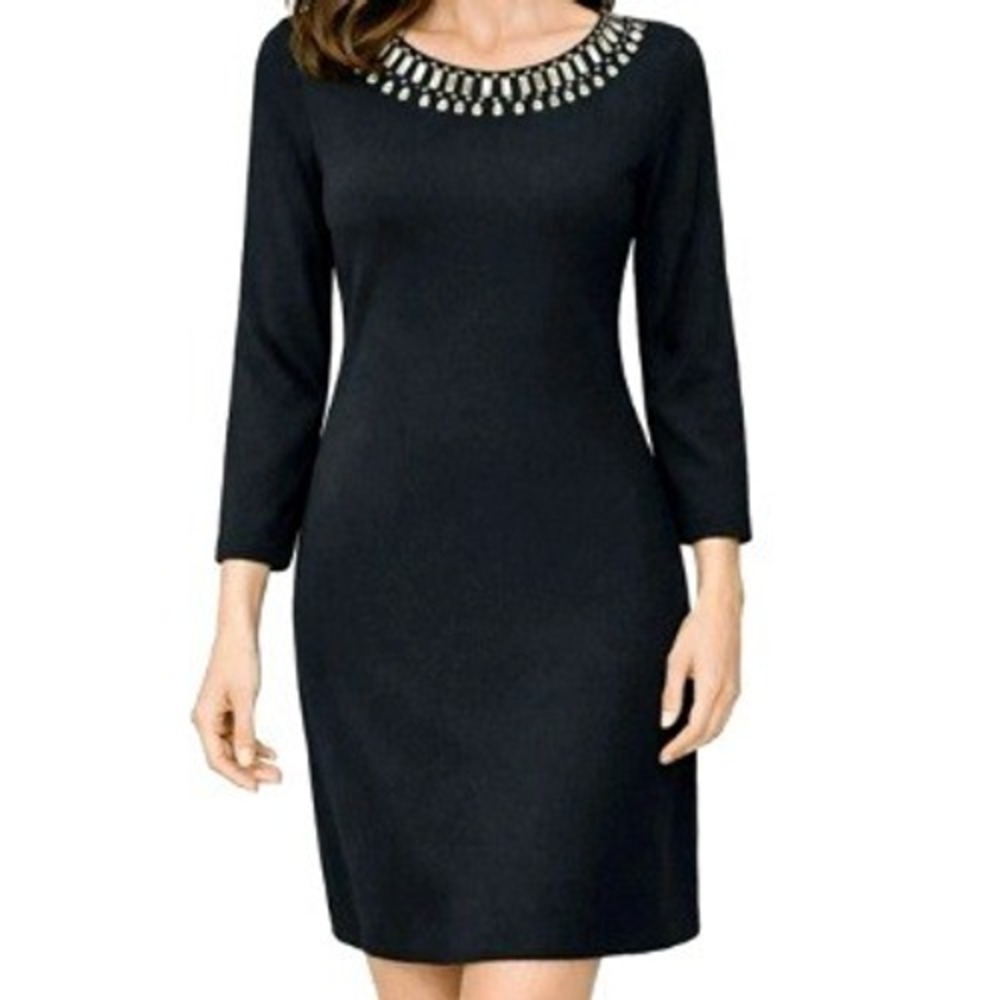TOMMY BAHAMA Womens Large Black Silver Darcy Ponte Knit Beaded Embellished Dress